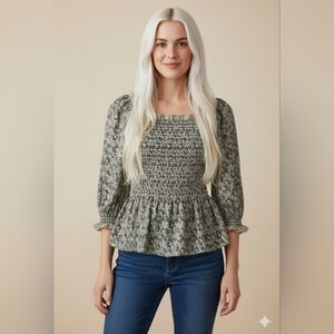 Smocked Peplum Floral Blouse - Olive